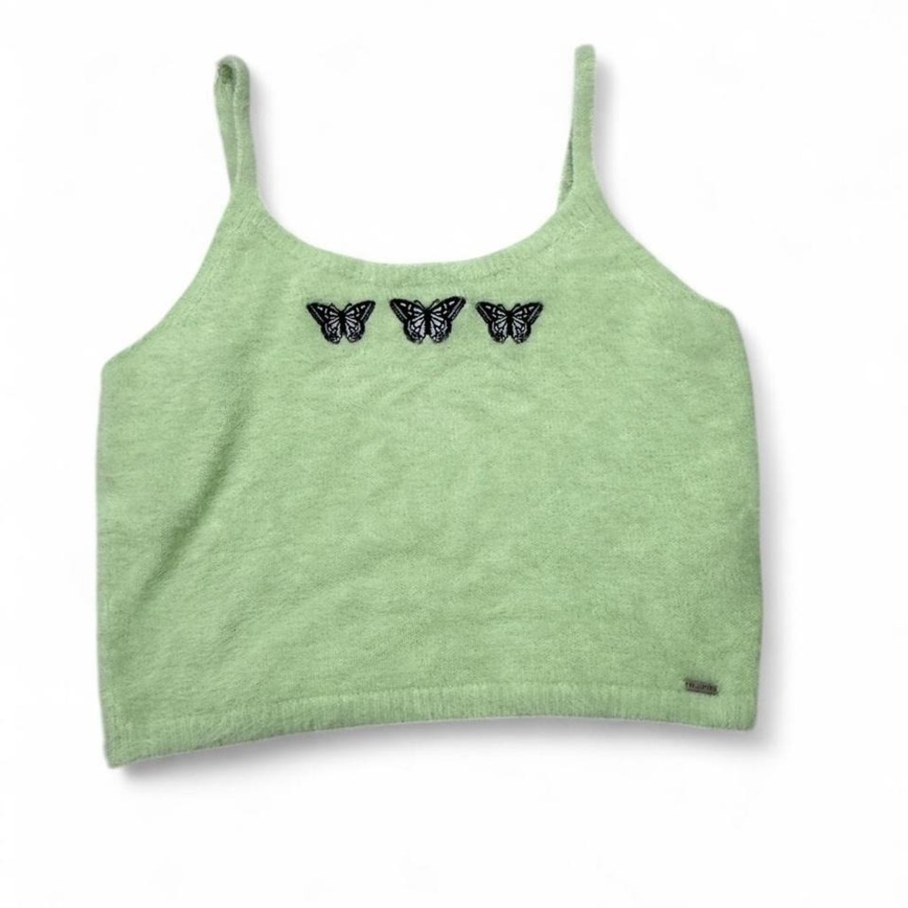 Y2K Hollister Fuzzy Knit Tank Lime Butterfly Crop Top Womens‎ Large Size L 0181